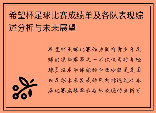 希望杯足球比赛成绩单及各队表现综述分析与未来展望